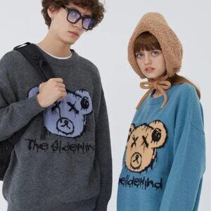 Tiny Spark "The Sidewind" Unisex Blue Graphic Bear Streetwear Sweater, L